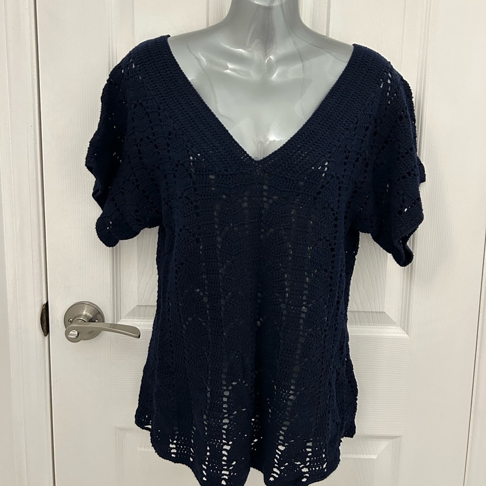Navy Blue Crochet Knit Top, Sz S-M